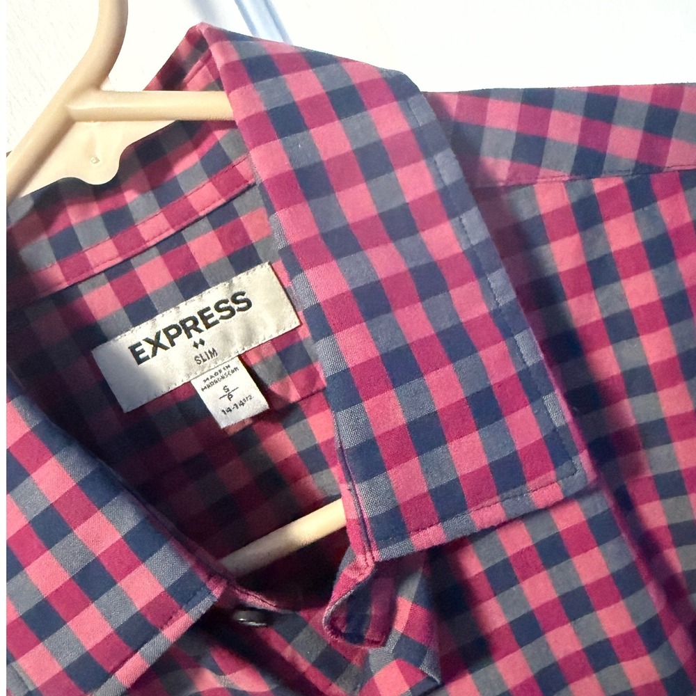 Express Button Down Mens S Red Navy Gingham Slim Fit Shirt